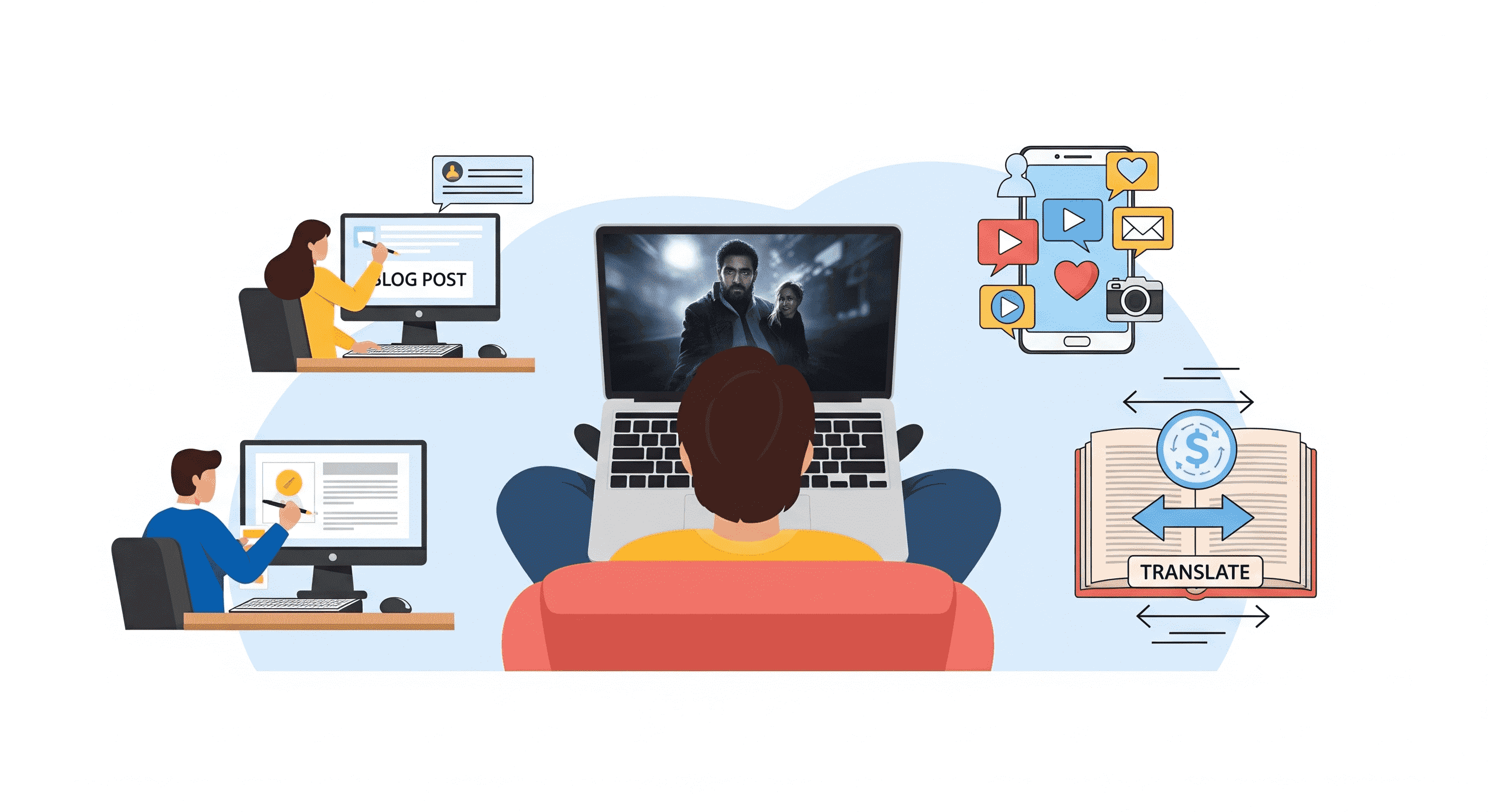 Illustration of watching, reviewing and subtitling videos