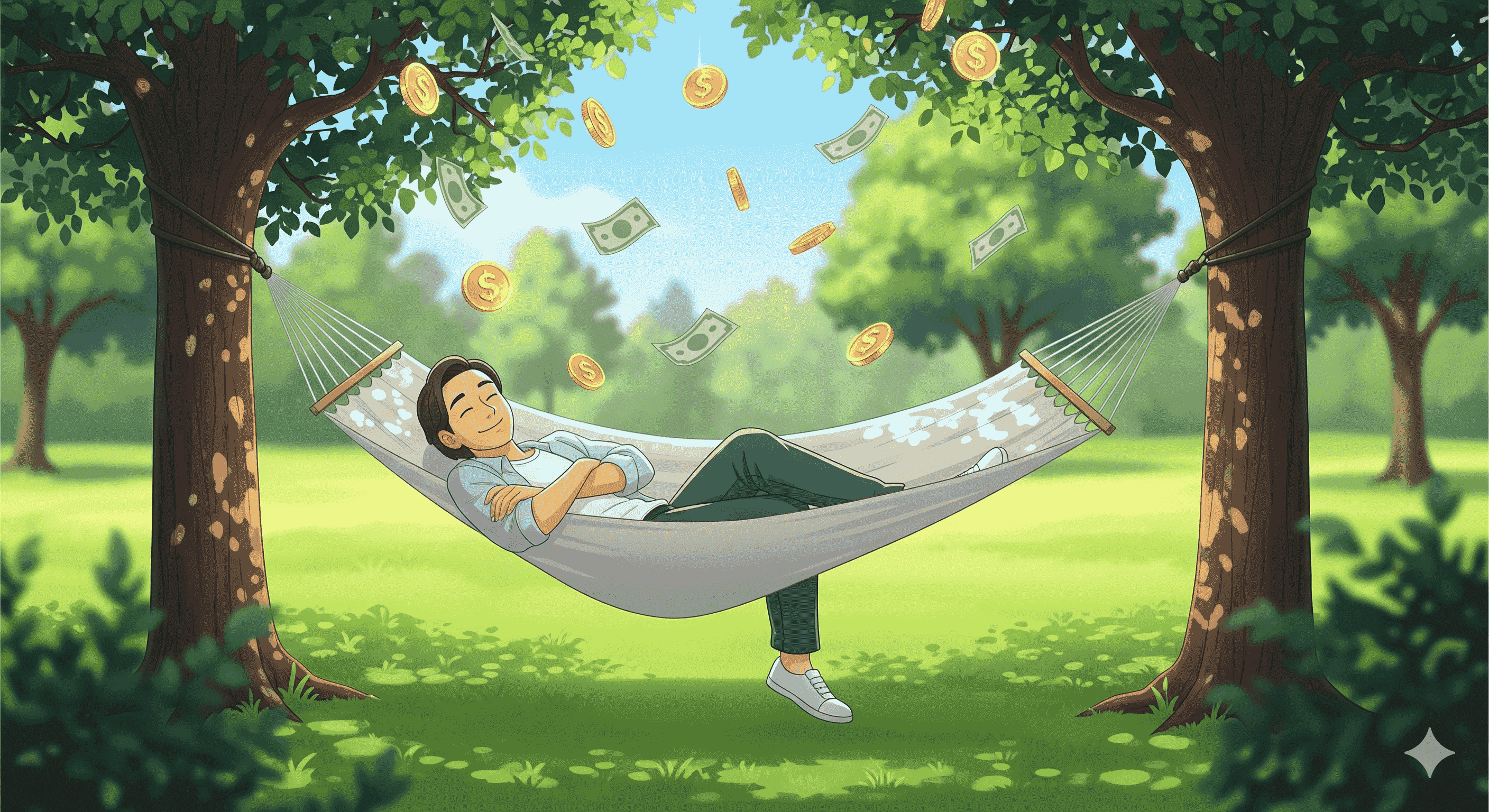 Illustration of a person resting in a hammock beneath floating coins