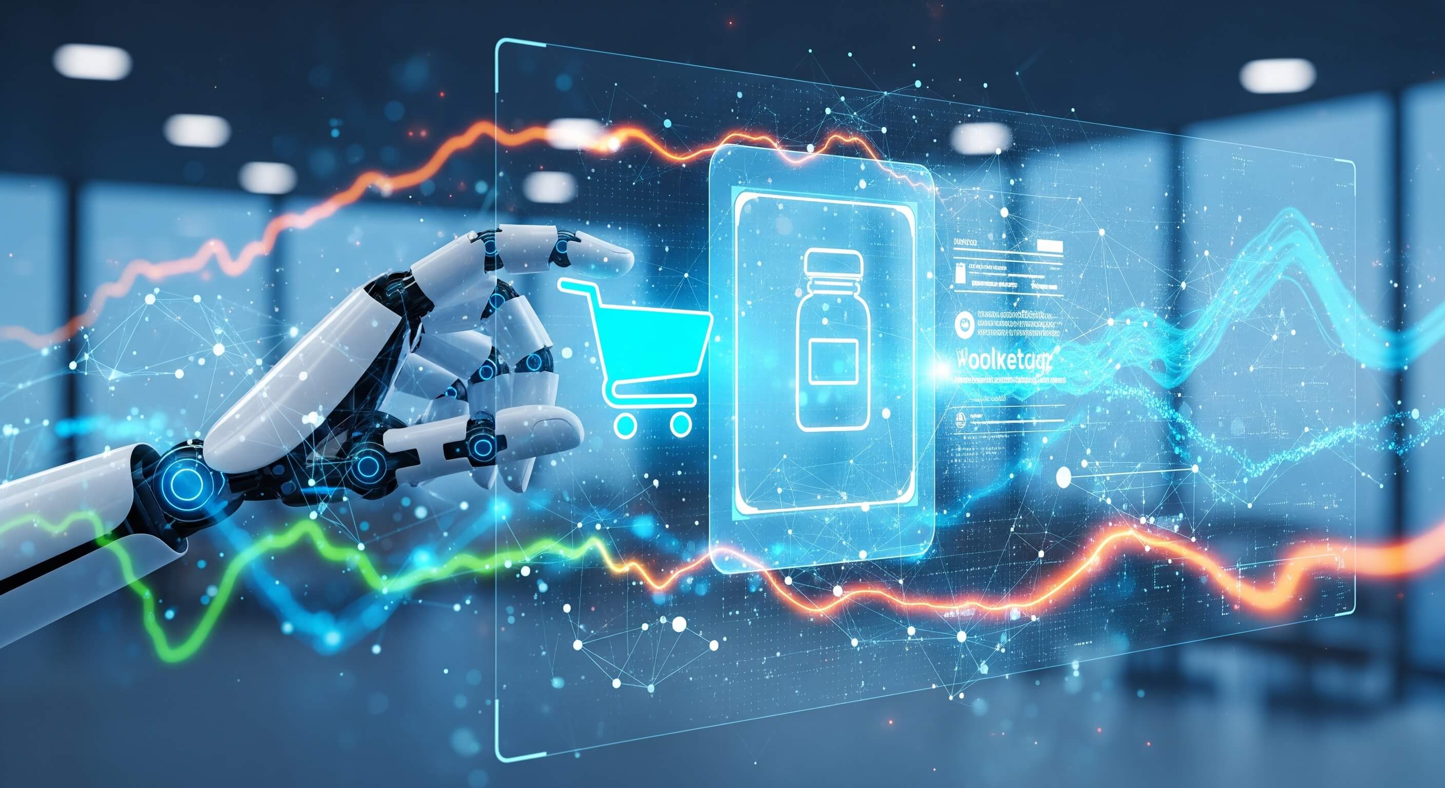 A robotic hand interacting with digital screens