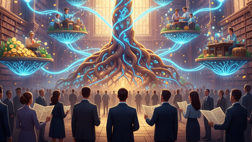 Illustration of a digital tree connecting groups of people