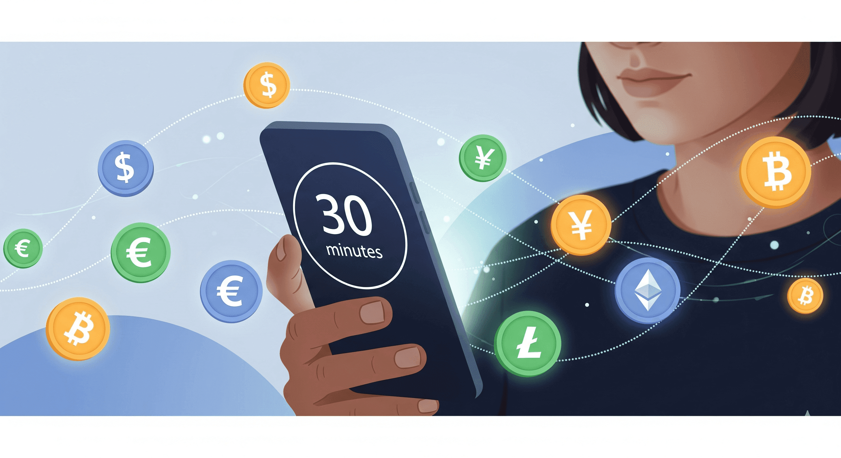 A phone displaying a 30-minute timer surrounded by currency symbols