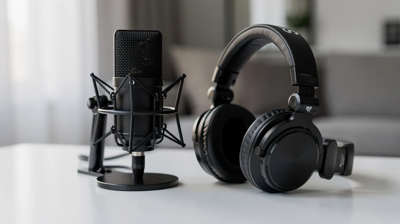 A microphone and headphones on a desk