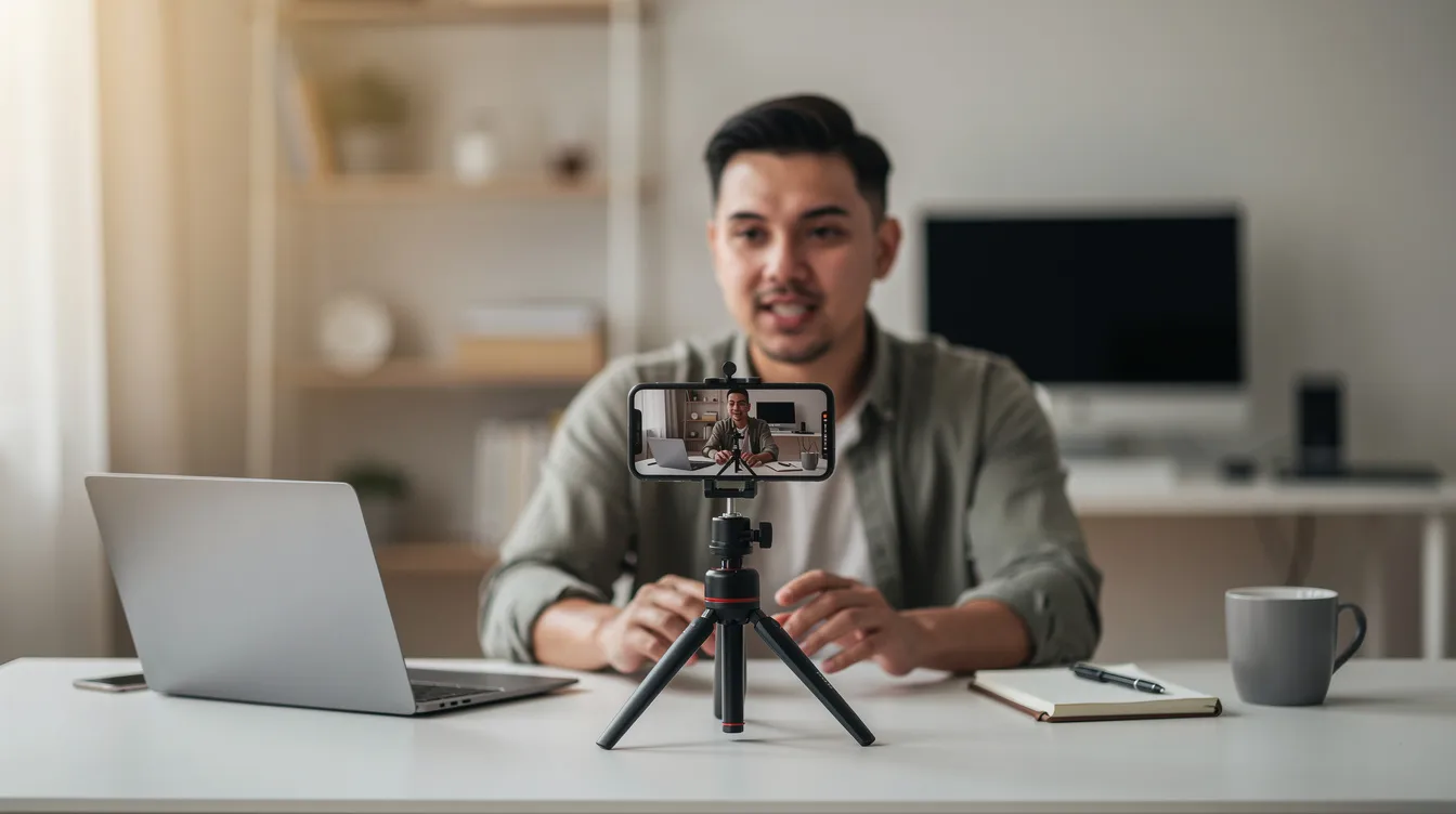 A person recording a video with a phone and microphone