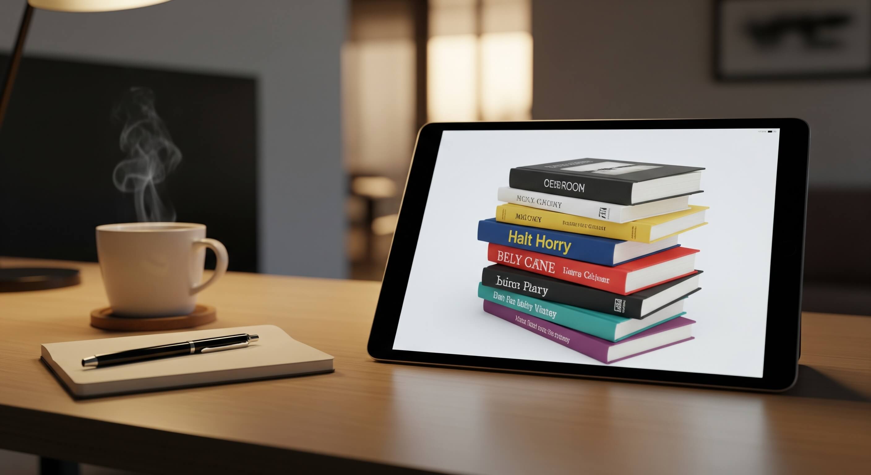 Um tablet exibe uma pilha de livros digitais