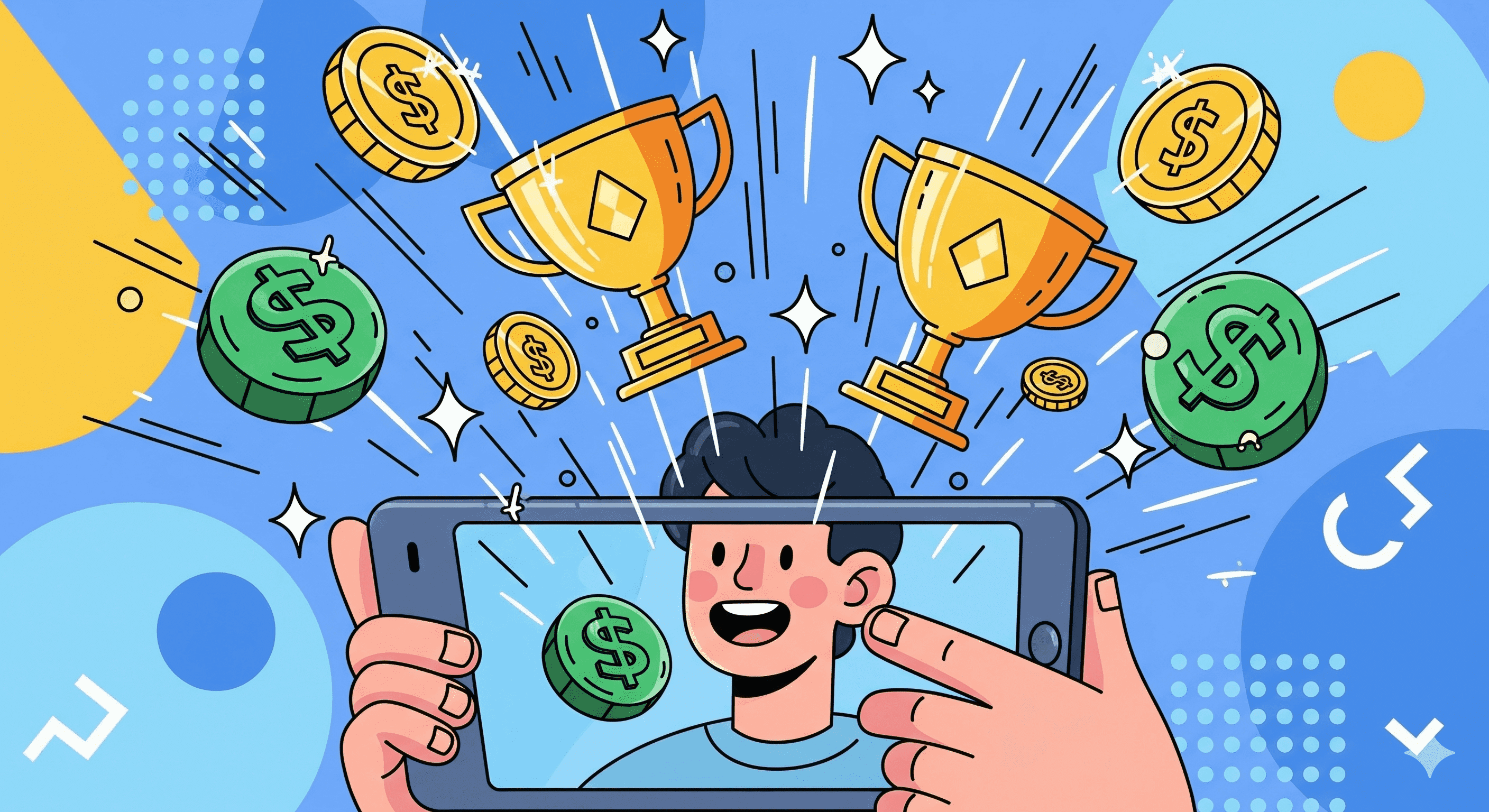 Ilustração de um celular cercado por troféus e moedas