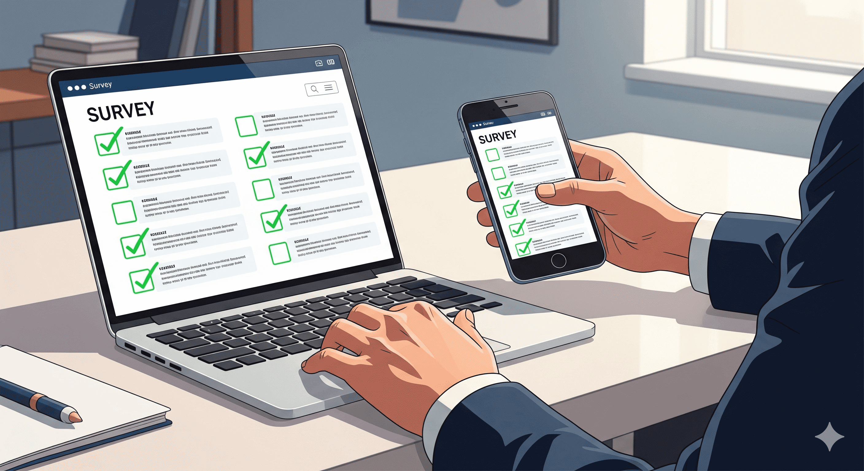 Uma pessoa responde a uma pesquisa on-line com notebook e celular